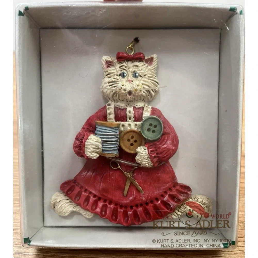 Vintage Kurt Adler Kitty Whiskers Christmas Ornament Sewing Cat NEW in Box